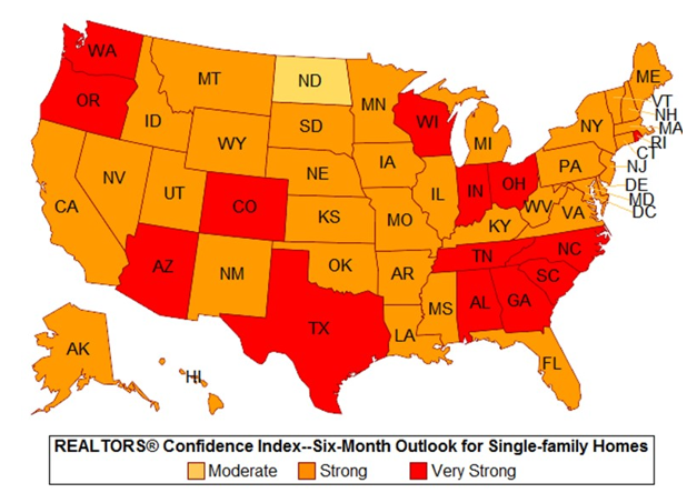REALTORS Confidence Index - six-month outlook for single-family homes map of the USA