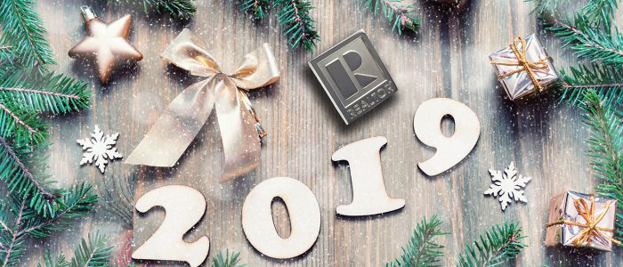 New Year 2019 background with 2019 figures, Christmas toys, green fir tree branches and snowflakes. New Year 2019 still life in retro tones. 2019 New year holiday card