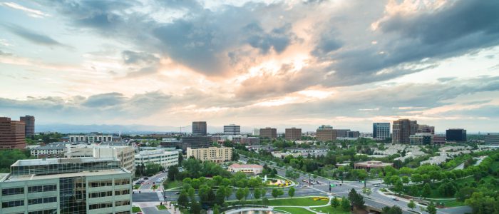 Denver Colorado USA-June 5 2015. Aerial view of urban park in business park.