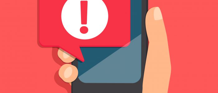 Concept of malware notification or error in mobile phone. Attention message bubble in smartphone. Red alert warning of spam data, insecure connection, scam, virus. Vector illustration.