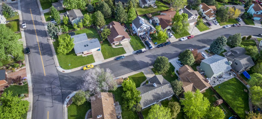 FORT COLLINS, CO, USA - MAY 20, 2016: Aerial view of typical residential neighborhood along Front Range of Rocky Mountains in Colorado in springtime