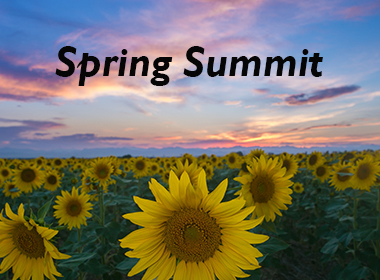 Sunset over sunflower field, "Spring Summit" text.