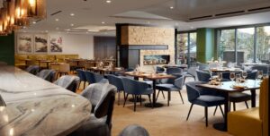 Modern restaurant interior with elegant dining setup.